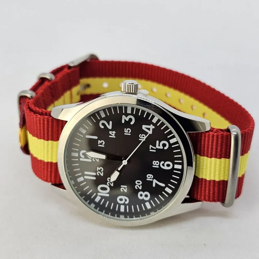 Men's 42MM Field Watch Black Dial Gray‎ Case Red Yellow Canvas Band Strap